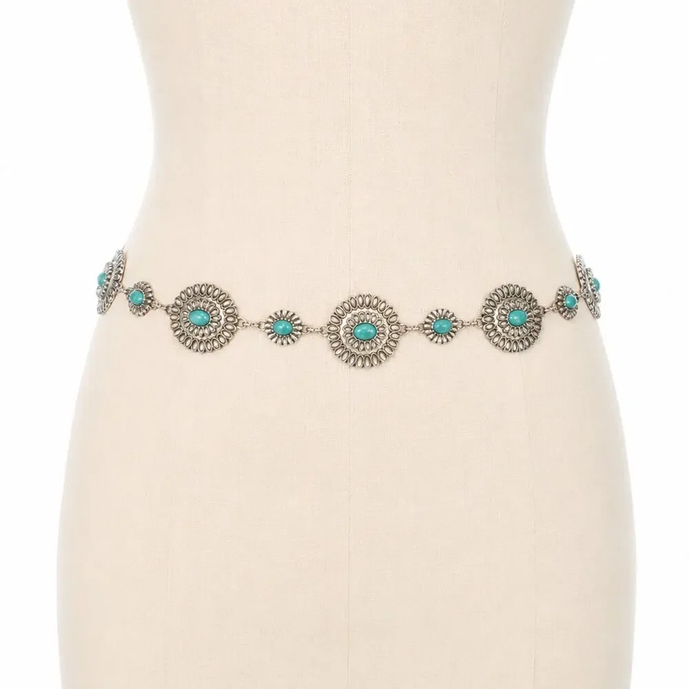 Vintage Silver Tone Faux Turquoise Concho Belt